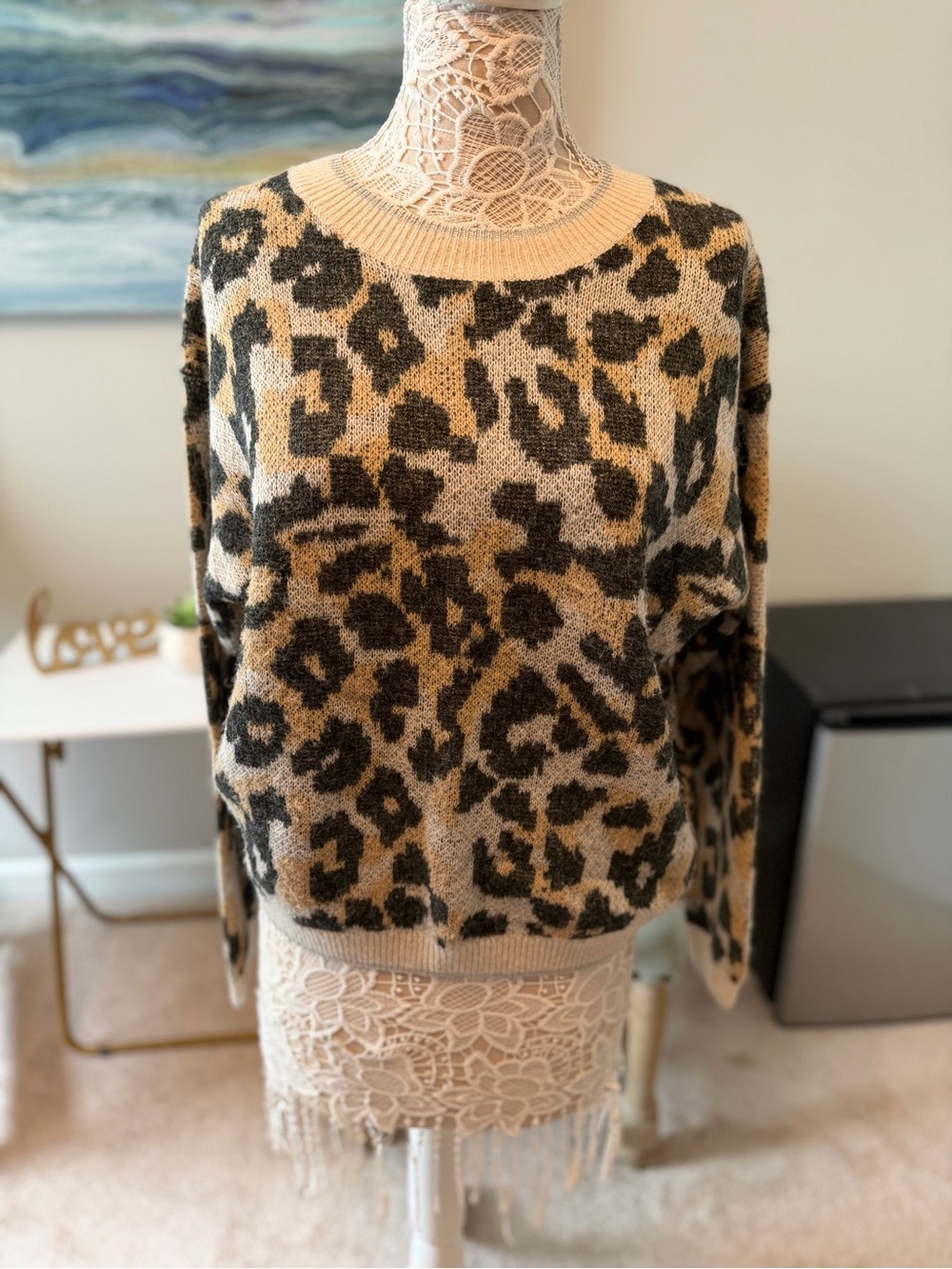 Another Love Leopard Print Crewneck Sweater in Beige and Black